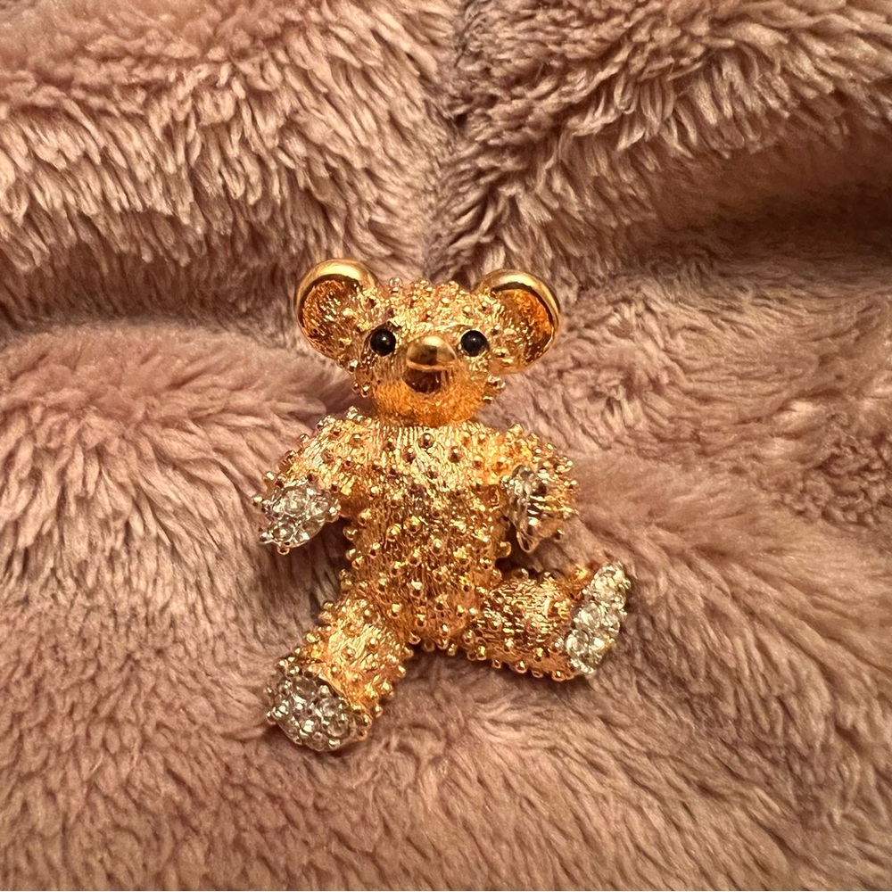 D'ORLAN Vintage Gold Teddy Bear Brooch with Small Clear Crystal Paws